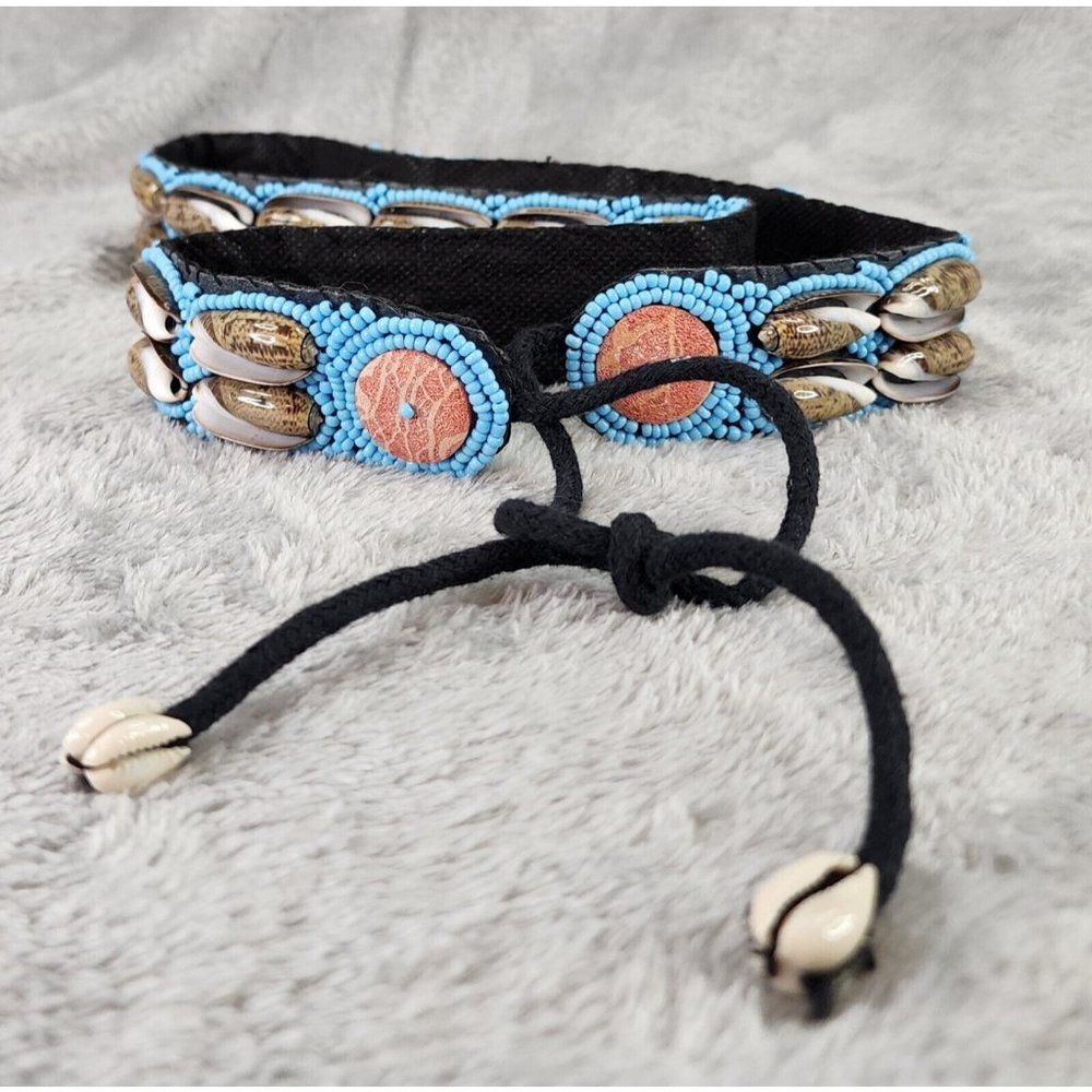 Womens Belt Turquoise Seed Bead Shell Red Wood Boho‎ Hippie Hand Made In USA